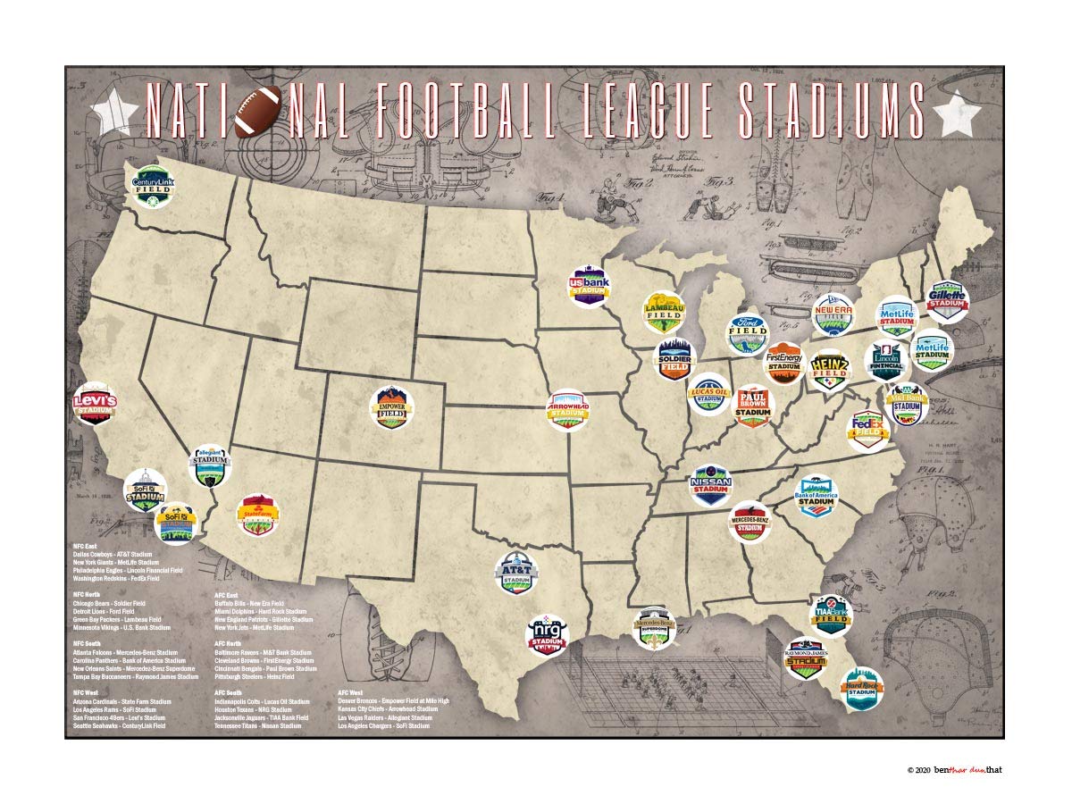 Nfl Stadiums Map 2020 Nfl National Football League Stadiums Teams Tracking Location Map, 24X18:  0719922266813: Books - Amazon.ca