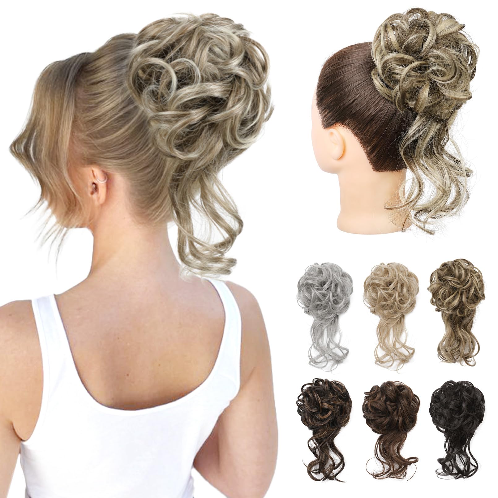 REECHO Messy Bun Hair Piece, Tousled Updo Elastic Hair Bun Hair Piece for Women Synthetic Messy Hair Bun Donut Accessories Scrunchies - Ash Brown with Blonde Tips