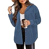 SEMARO Womens Casual Long Sleeve Button Down Shirts Corduroy Oversized Boyfriend Blouse V Neck Loose Jacket Tops