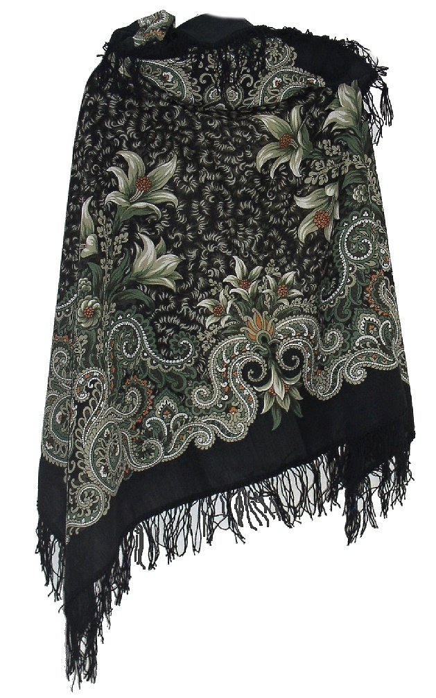 Pavlovoposadskiy Platok Women's Russian Wool Shawl With Wool Fringes Pavlovoposadskiy Platok Women's Russian Wool Shawl With Wool Fringes