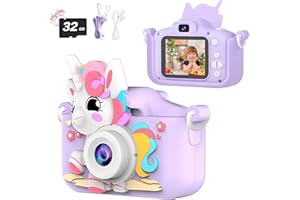 Kids Camera, AWANKOU Kids Selfie Camera for Girls Christmas Birthday Gift, 1080P Digital Camera Toddler Camera Toys with Soft Silicone Case, 32GB Video Camera for Kids 3-12Year Old (Unicorn Camera)