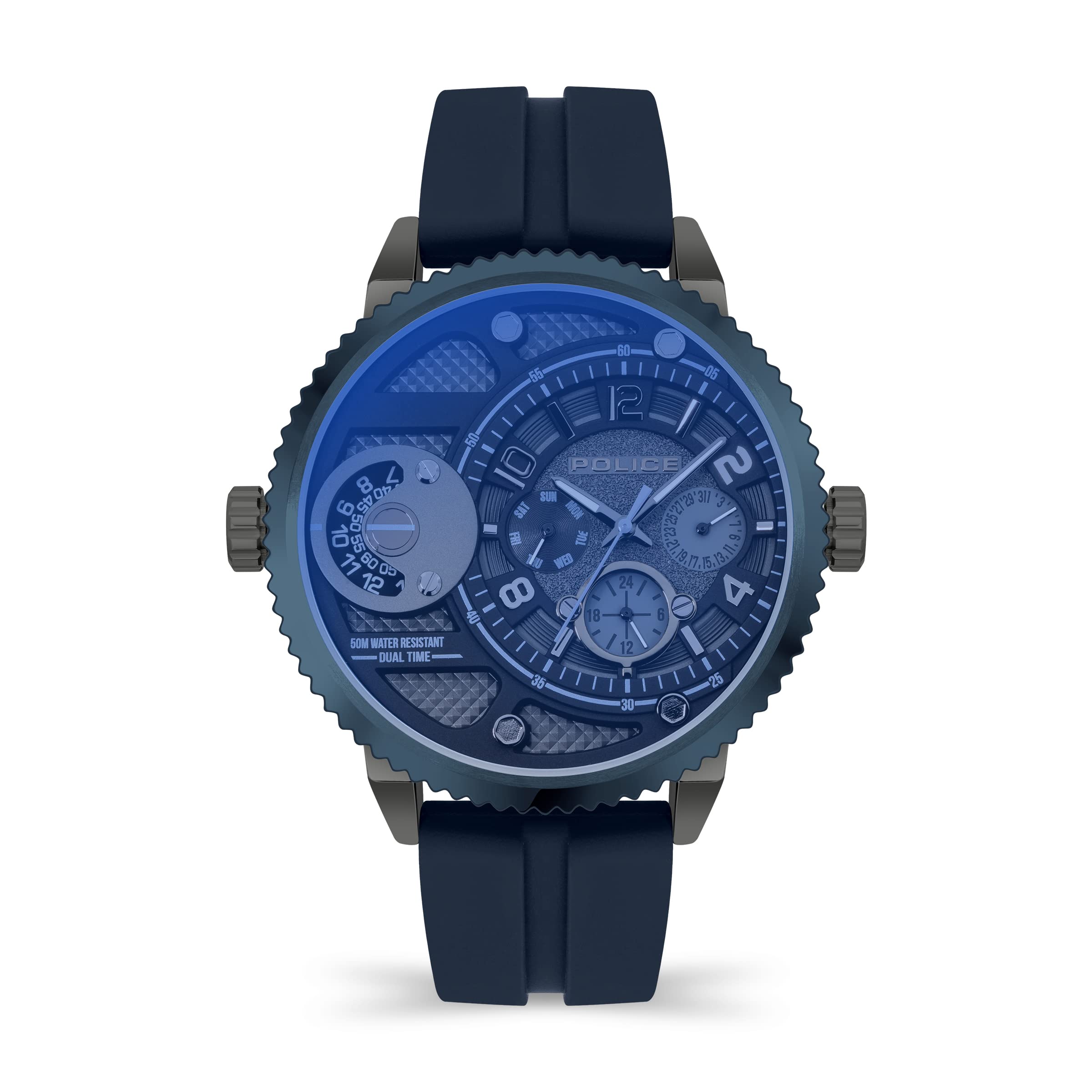 Police Ray Mens Multifunction Watch with Gunmetal Grey Dial and Dark Blue Silicone Strap, 51mm Stainless Steel Case in Branded Watch Box PEWJQ2195240-2 Year Warranty