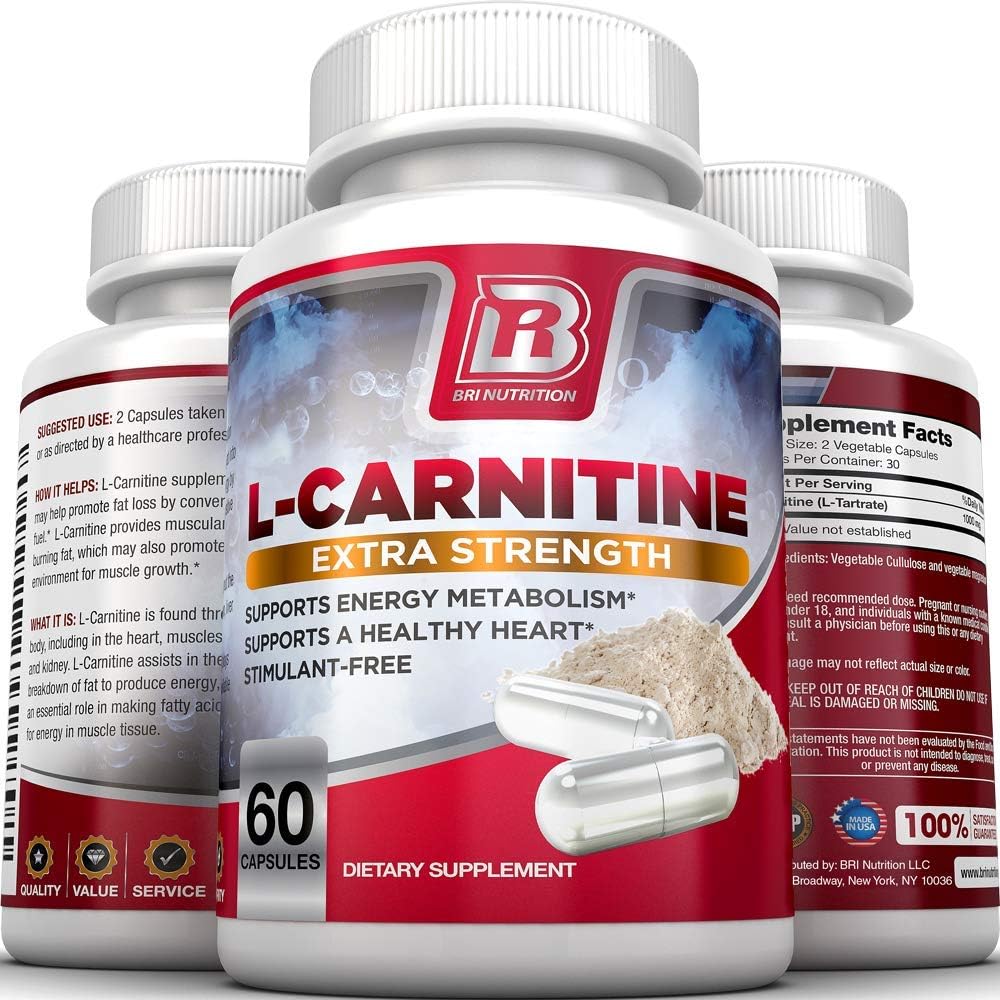 BRI L-Carnitine - 1000mg Premium Quality Carnitine Amino Acid Supports Athletic Performance, Stamina and Heart Health; Stimulant Free Vegetable Cellulose Capsules (60 Count): Health & Personal Care
