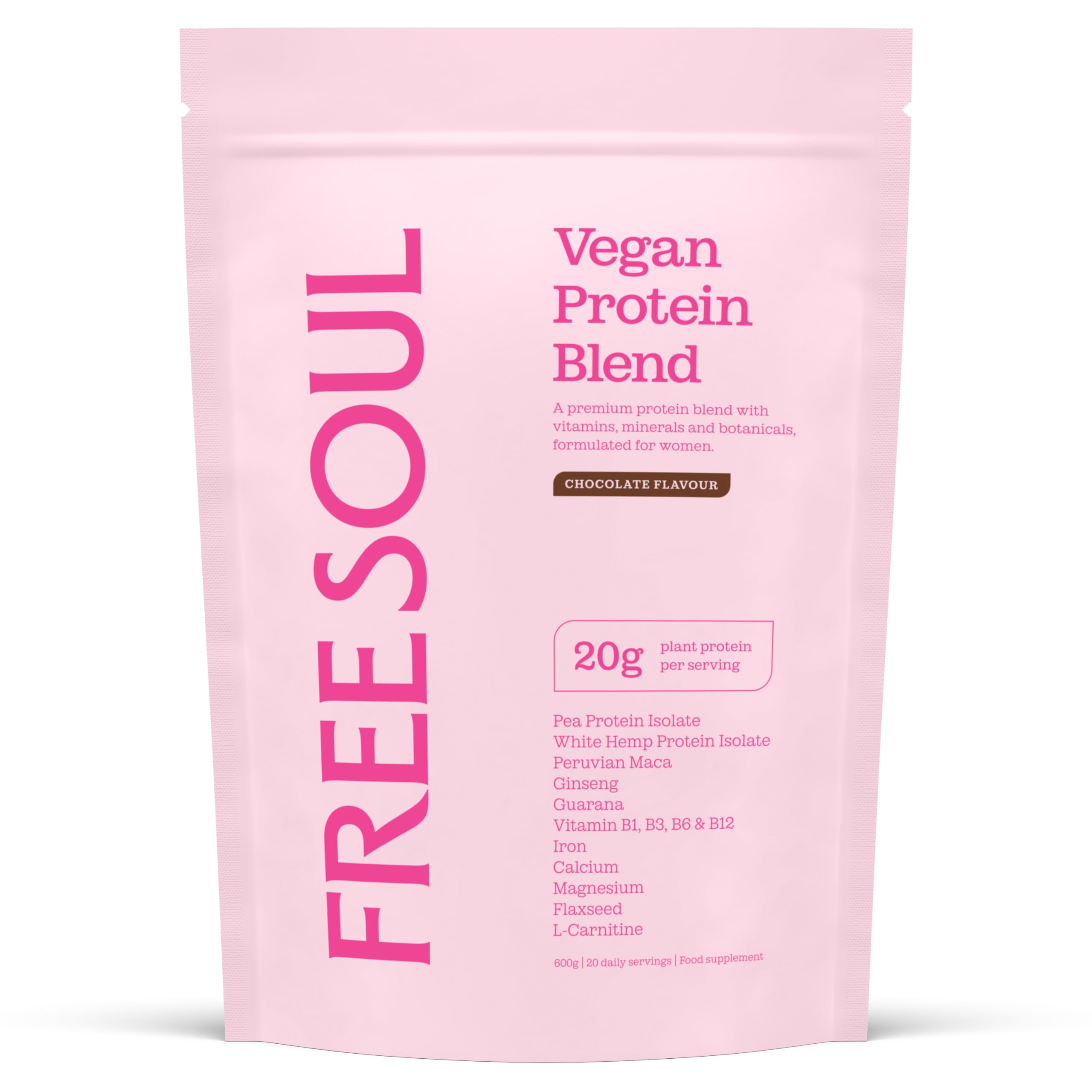 Free Soul Vegan | Formulated for Women | 600g | 20g Protein with Added Nutrients | Gluten & Soy Free Plant-Based Nutrition Shake | Pea & Hemp Isolate Protein | Chocolate Flavor, Packaging May Vary