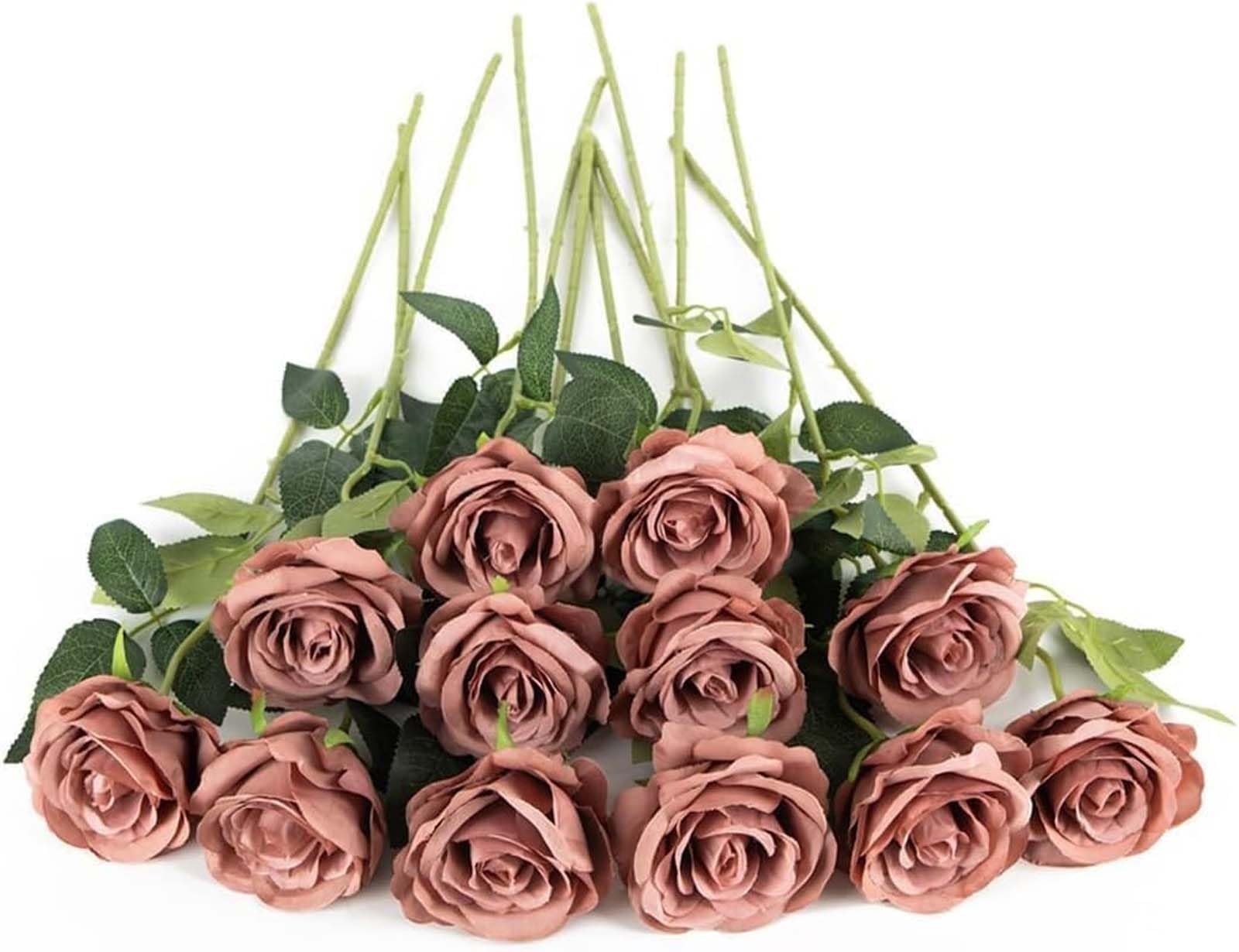 Laelfe 12 Pcs Dusky Pink Roses Artificial Flowers, 53 cm Single Long Stem Faux Silk Dusty Pink Flowers Fake Roses for Christmas Wedding Bridal Bouquet Home Party Hotel Decorations (Dusty) — image 1
