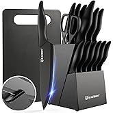 KATISUN 16 Pieces Kitchen Knife Block Set with Cutting Board, German Stainless Steel Knife Set with Sharpener, Dishwasher Safe, Anti-Slip Handle, 6 Steak Knives, Black
