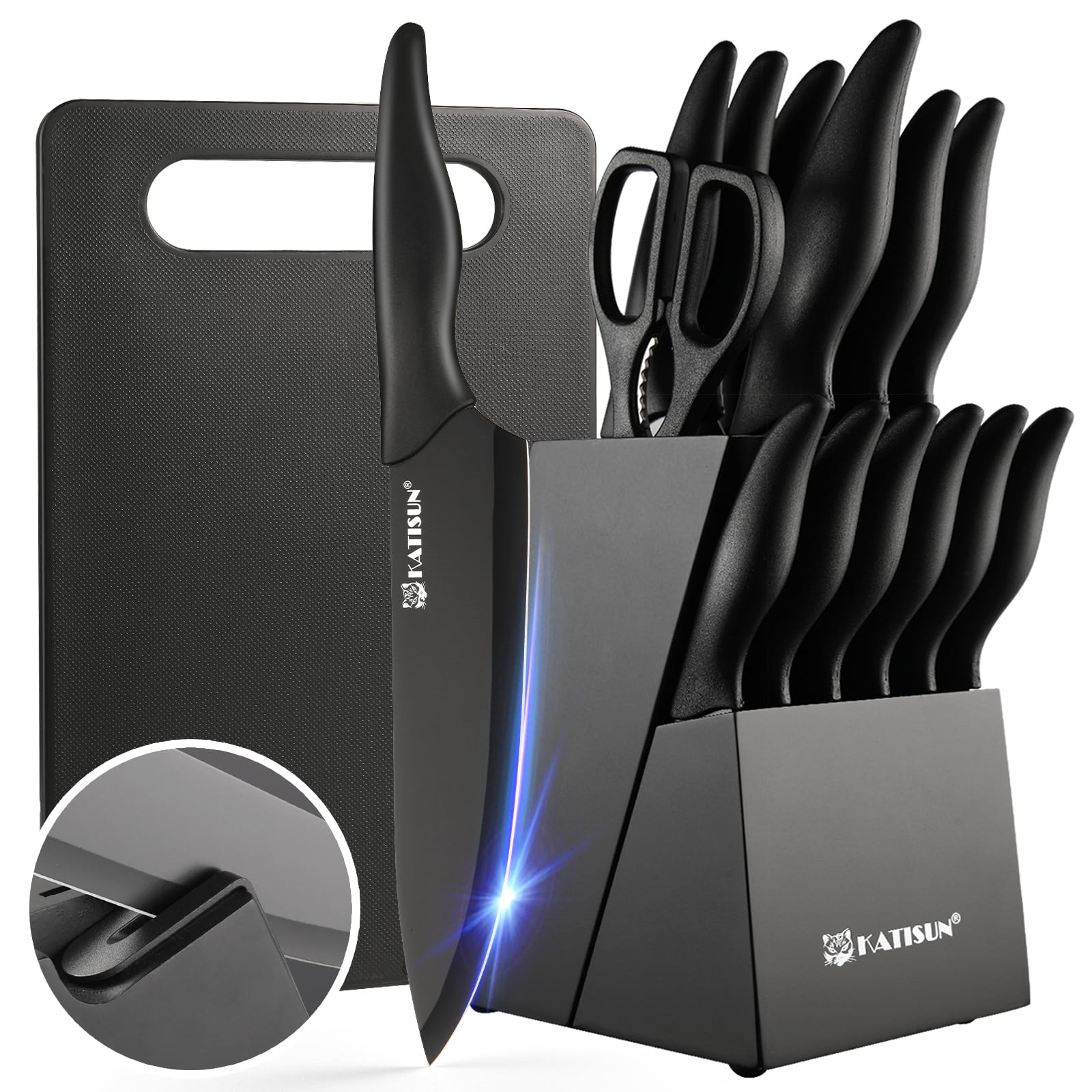 Photo 1 of KATISUN 16 Pieces Kitchen Knife Block Set with Cutting Board, German Stainless Steel Knife Set with Sharpener, Dishwasher Safe, Anti-Slip Handle, 6 Steak Knives, Black