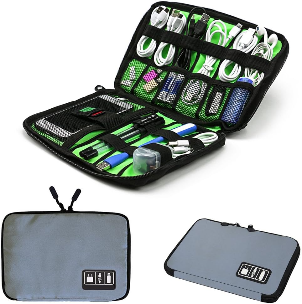 Electronics Organizer Travel bag,Waterproof Portable Cable Cord Bag Organizer,Travel Gear Carry Bag for Cables External Flash Drive Mouse Memory Card Power Bank and More (M, Grey)