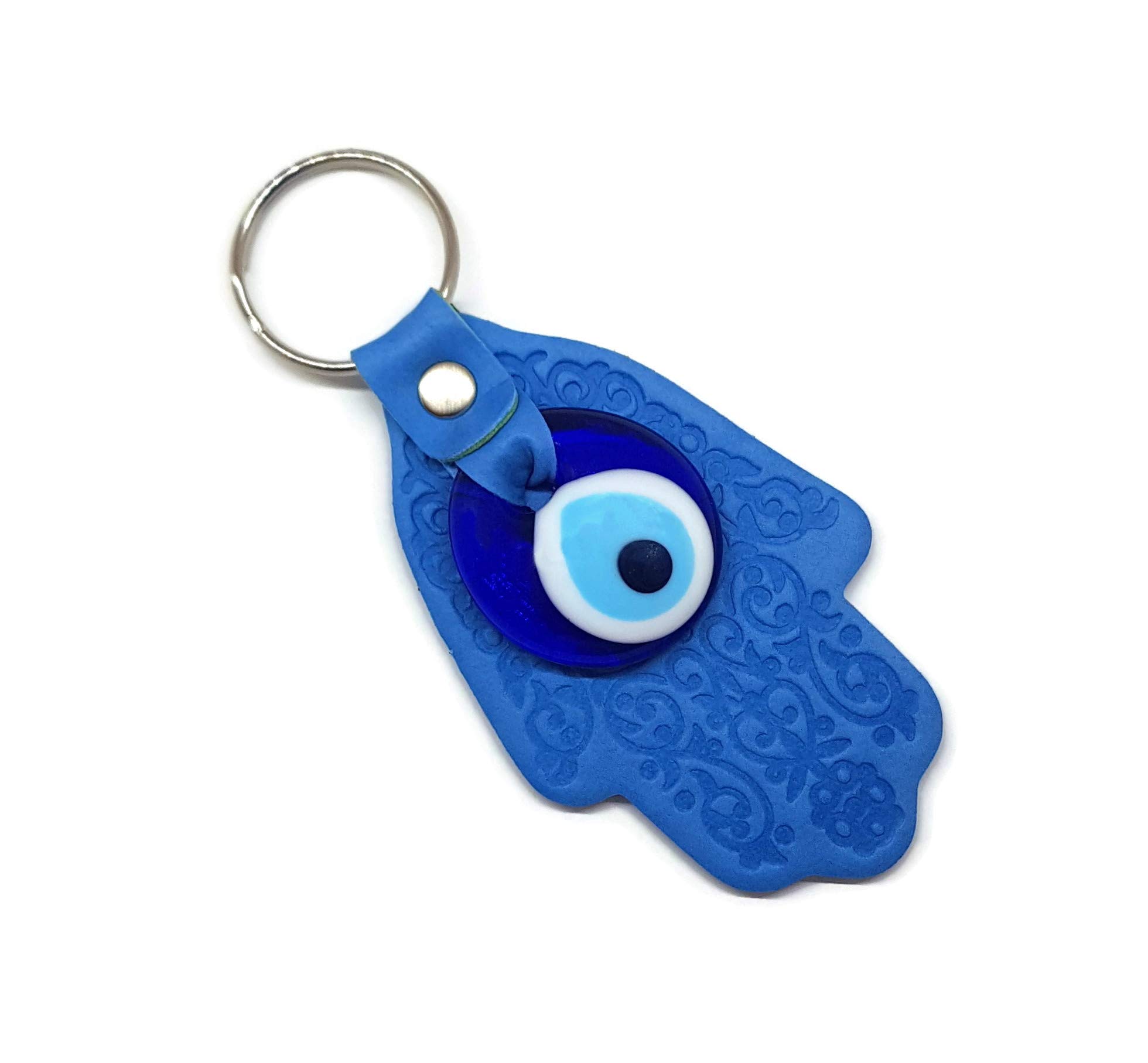 MYSTIC JEWELS by Dalia - Turkish Eye Keyring with Hamsa and Glass and Leather - Good Luck and Evil Eye (Light Blue)
