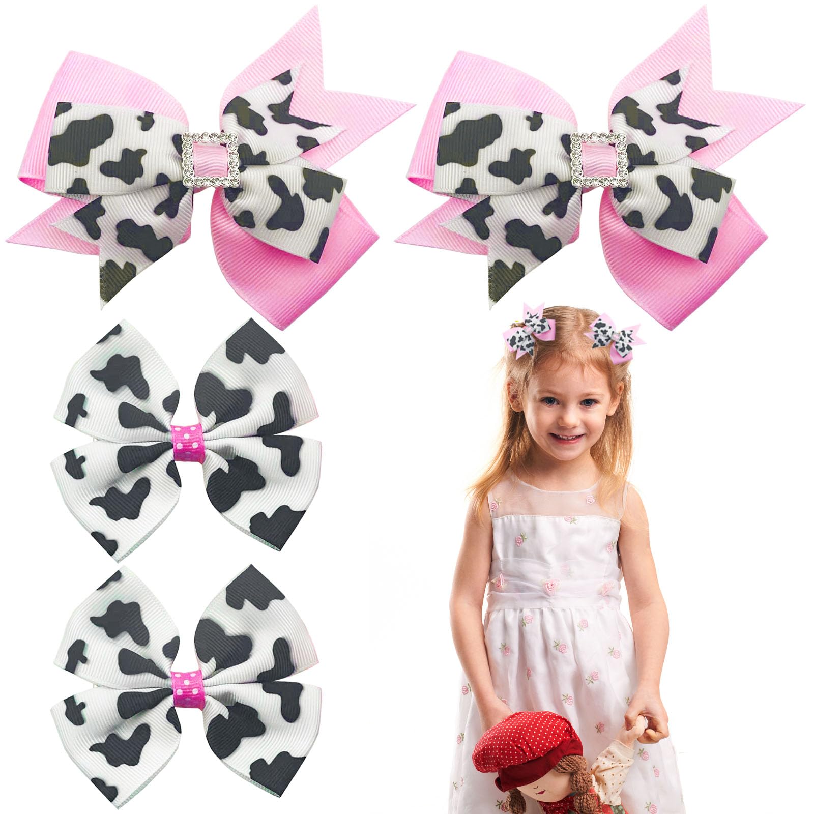 4PCS Pink Cow Print Hair Bow Clips, Cute Cow Print Hair Clips Glitter Shining Hairpins Pink Grosgrain Ribbon Alligator Clips Hair Accessories for Women Girls