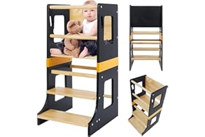 Weyderk Toddler Standing Tower Step Stool for Kitchen, Height Adjustable Stool Learning Counter for Kids with Removable Anti-Drop Railing, Anti-Slip for Cooking/Bathroom, Gray