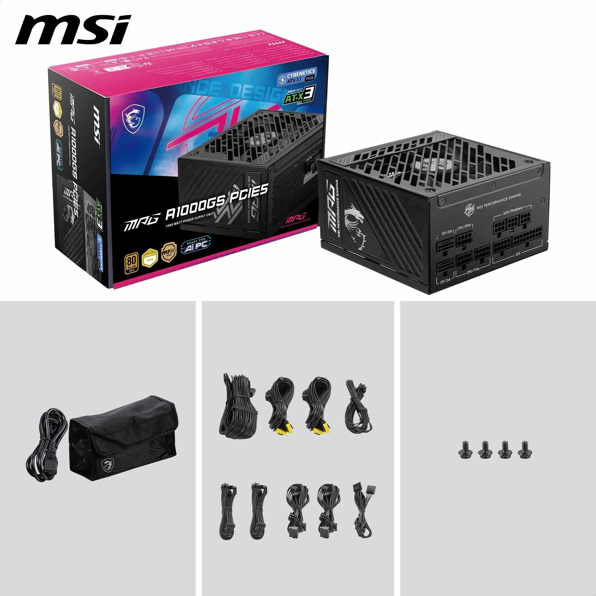 Msi Mpg A1000Gs Pcie5 Power Supply Unit, 1000W, 80 Plus Gold, Atx 3.1, Pcie 5.1 Gpu Support, Dual-Native 12V-2X6, Cables With Dual-Color 12V-2X6 Connectors, Atx Psu, Embossed Jacket Cables - View 7