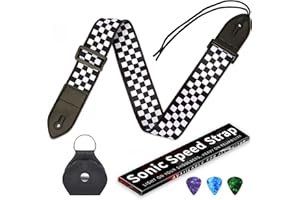 Qivorimith Guitar Strap,Acoustic Electric Guitar With Leather Pick Box and 3 PCS Picks Guitar Accessories,Available for All Guitars(Black White Grid)