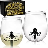 Hand-Blown 3D Black Octopus Stemless Wine Glasses Set of 2, 14oz Unique Fun Octopus Decor Drinking Cups with Gift Box, Mothers Day Gifts, Nautical Themed Wine Glass for Birthday Wedding Party