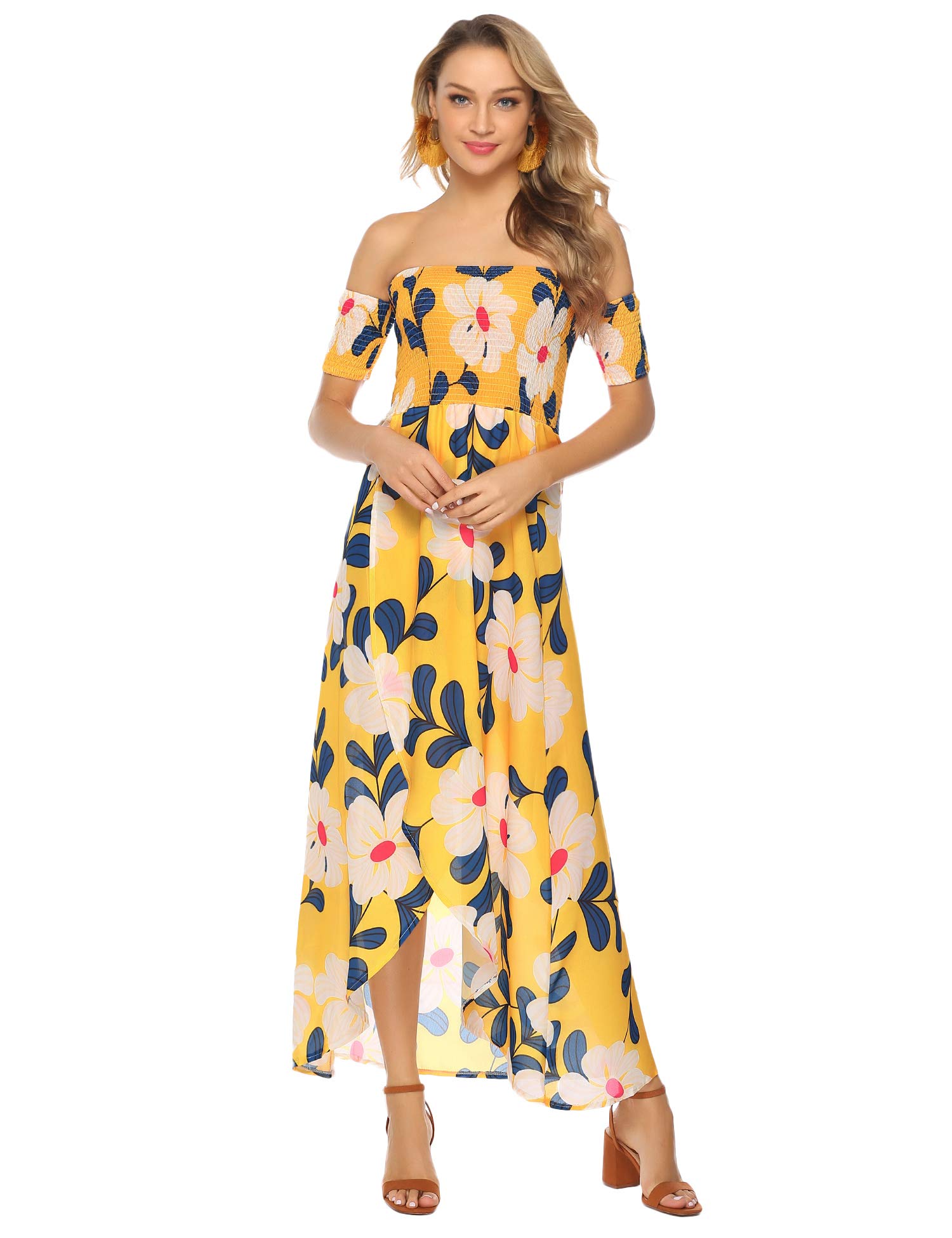 Aiboria Women Off Shoulder Maxi Slit Dress Summer Chiffon Floral Split
