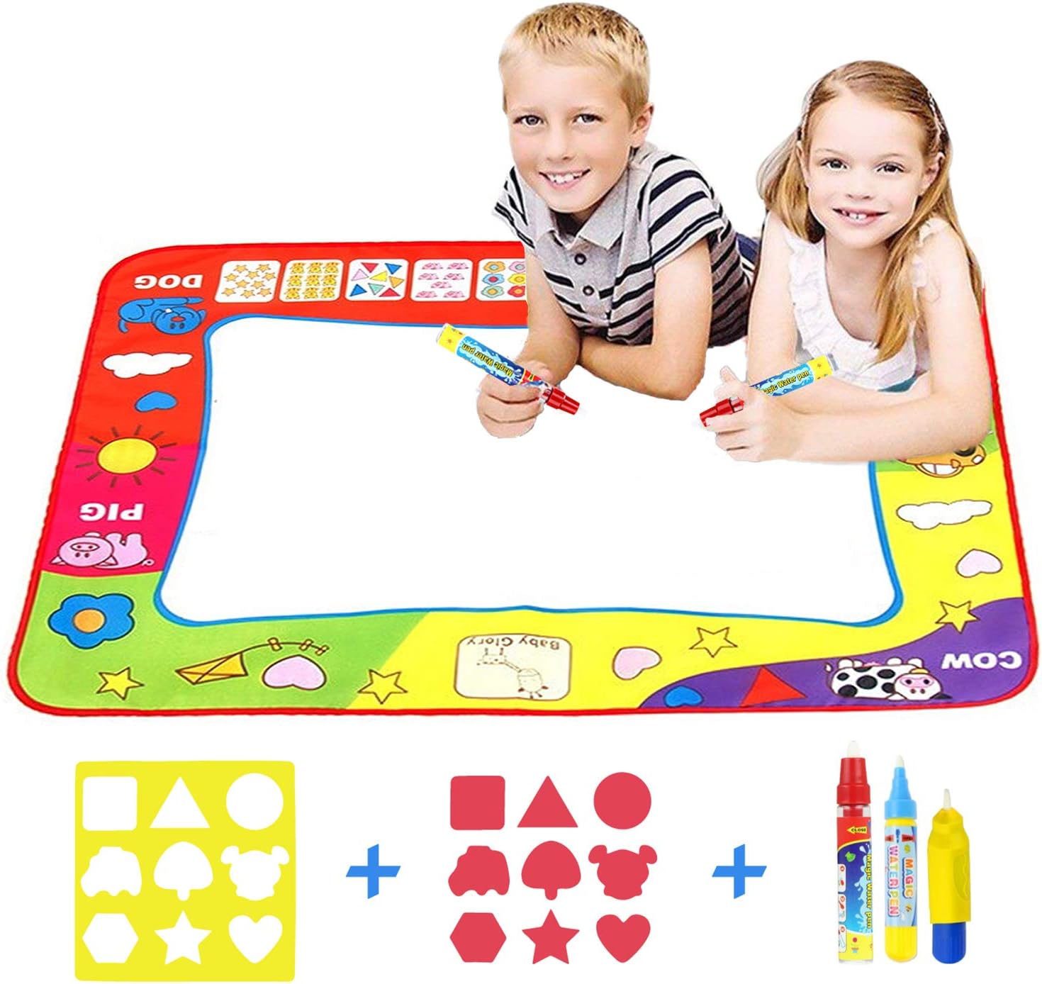 Water Doodle Mat, Drawing Painting Aqua Magic Pad Multi Coloured No Mess Draw 3 Magic Water Pens 8 Eva Stamps with a Mould Educational Toy Birthday Gifts For Boys Girls Toddlers Rangebow Play Together