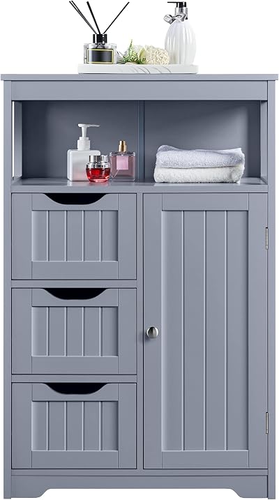 Yaheetech Bathroom Storage Cabinet with 3 Drawers 1 Door Gray