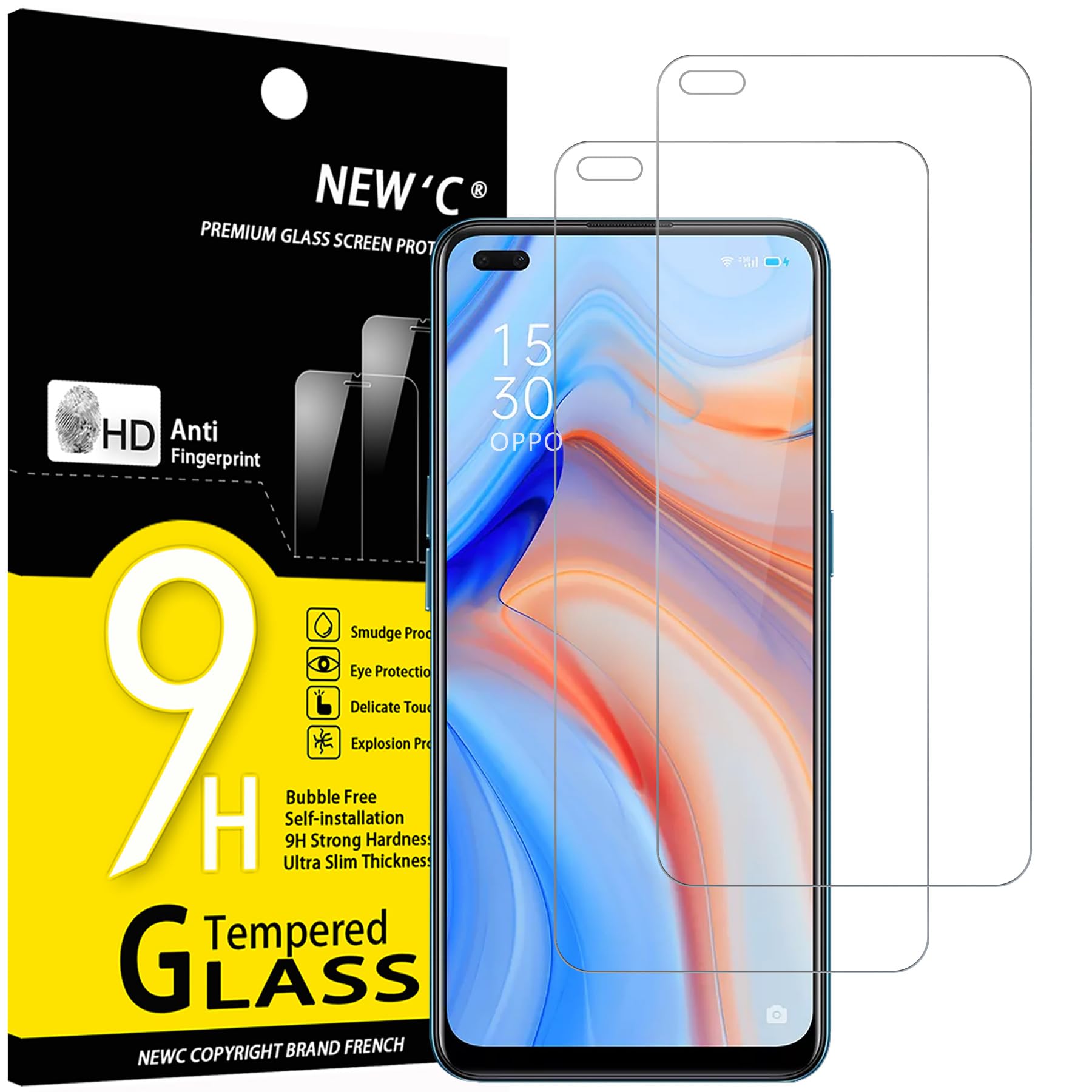 NEW'C Pack of 2 Tempered Glass Screen Protector Films for Oppo Reno 4 [Not for Reno 4Z] Anti-Scratch Bubble-Free Ultra-Resistant 0.33 mm HD Ultra Clear 9H Hardness Glass
