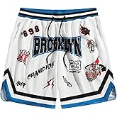 VIPWOLF Men's Y2K Graphic Basketball Shorts Striped Trim Drawstring Waist Workout Drippy Shorts