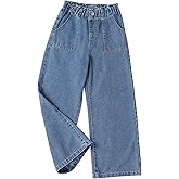 OYOANGLE Girl's Wide Leg Denim Jeans Elastic Waist Button Front Baggy Pants with Pockets