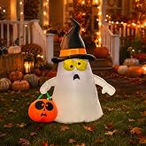 4FT Halloween Inflatable Ghost Holding Pumpkin Lantern with LED Lights, Outdoor Yard Decoration Blow Up Halloween Decor for Lawn, Porch, Garden, Front Door and Halloween Party