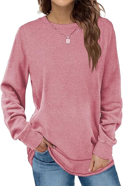 SUPNIER LONG SLEEVE TOPS FOR WOMEN CASUAL COMFY CREWNECK LOOSE FIT SHIRTS BLOUSES PINK S