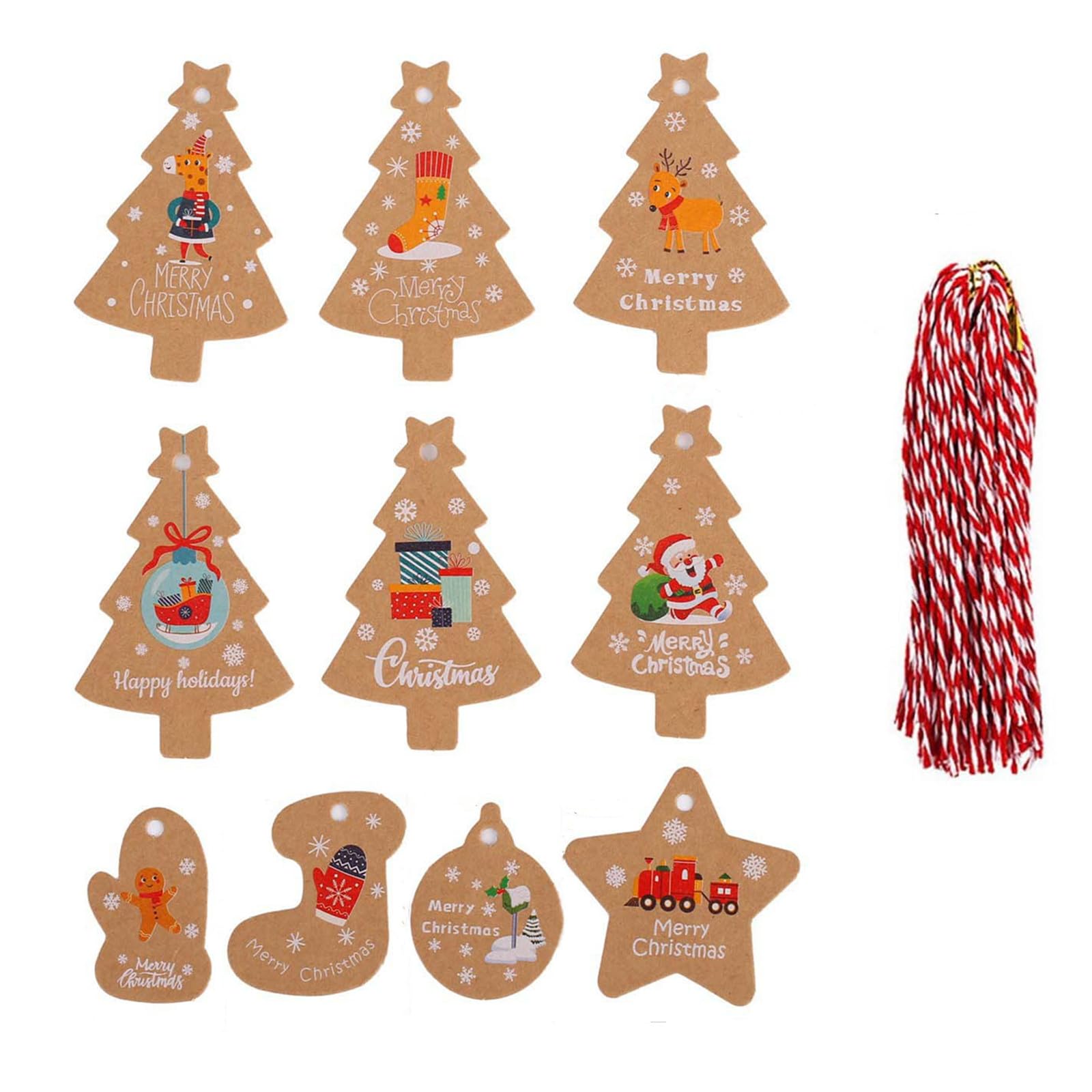 ZHIYE Christmas Tags, 50 Pieces 10 Styles Kraft Paper Tag Hang Labels with 50pcs Cotton String for Decorating Christmas Trees or Packaging
