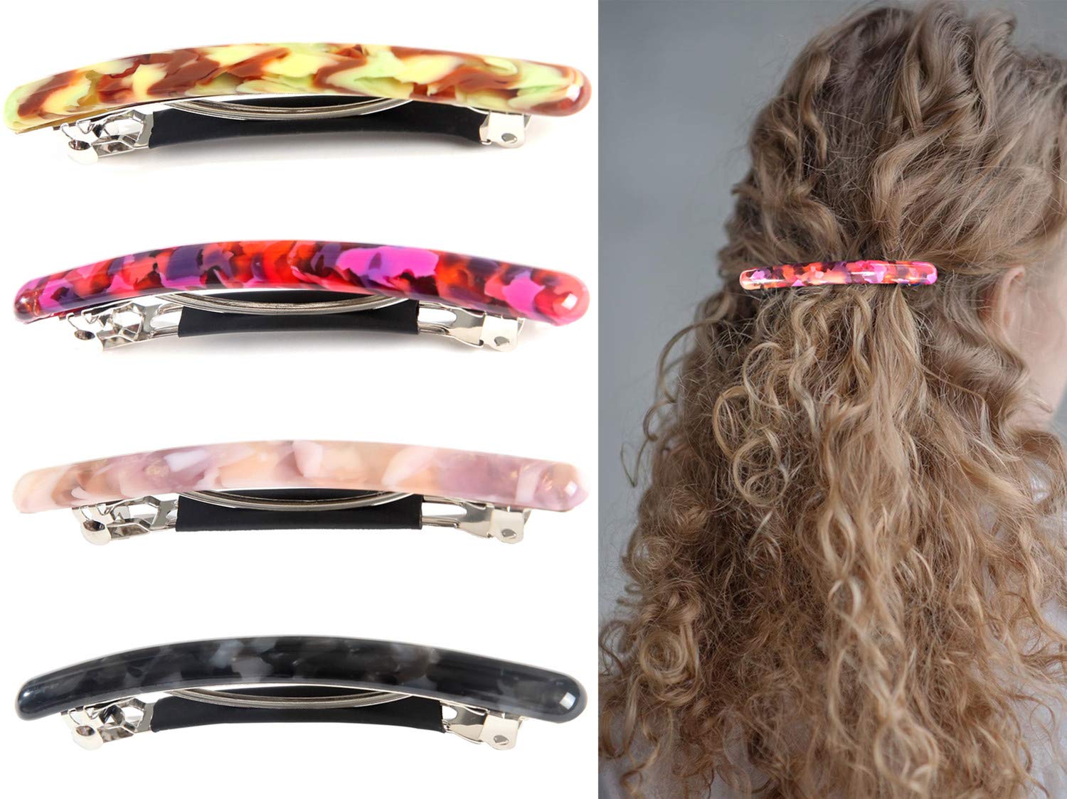 4 Pcs Skinny Hair Barrettes for Women, Colorful Small Barrette Clips for Thin Fine Hair, Celluloid Automatic French Hair Clips for Women Ladies : Beauty
