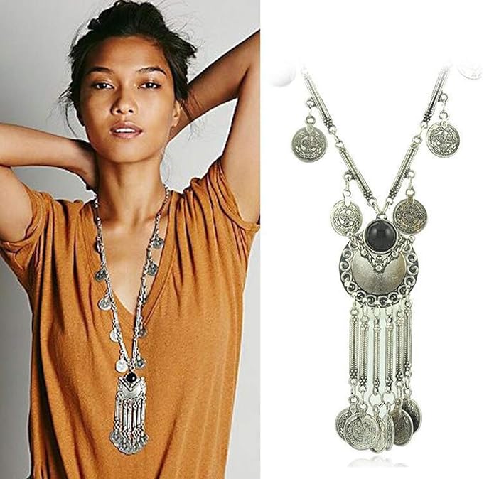 Zhenhui Ethnic Tribal Boho Beads Coin Fringe Necklace Long Belly Dance Bohemian Jewelry