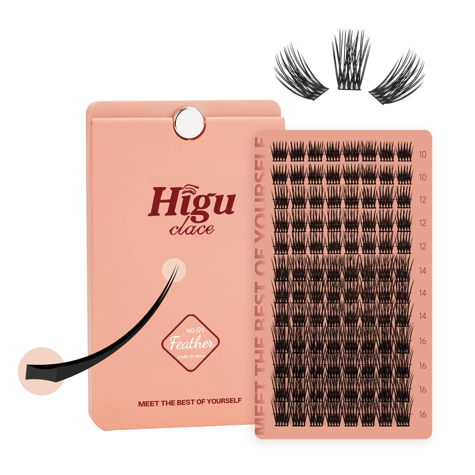Higu clace Lash Clusters, Individual Eyelashes 88pcs Lightweight Volume Look 10-16mm natural Lash Extensions C Curl Reusable Flat Band Lashes DIY with Mini Mirror (Feather C mix 10-16mm)