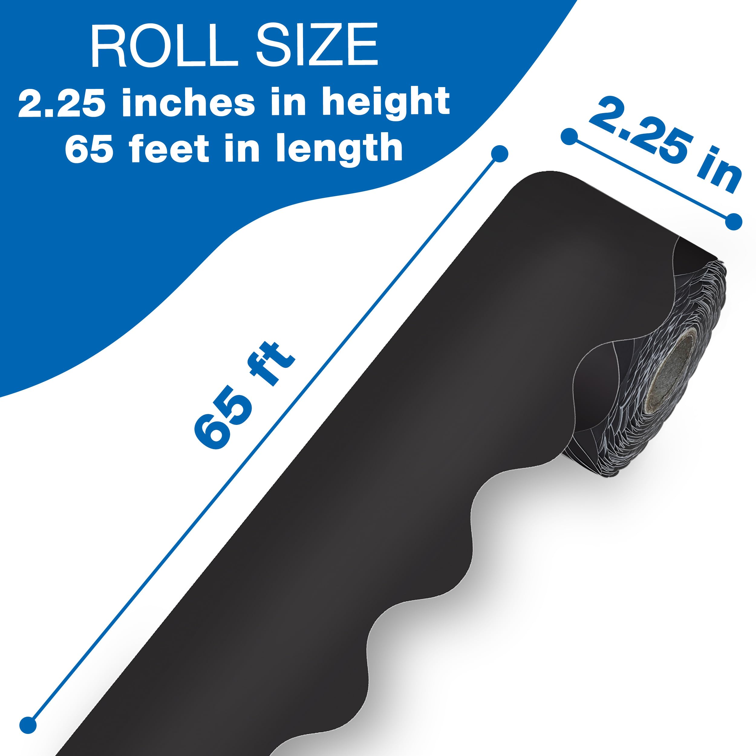 Carson Dellosa 65Ft of Black Bulletin Board Borders, 1 Roll of Scalloped Trim for Rolling Whiteboard, Cork and Posterboard, Party, Office Decorations, and Classroom Decor