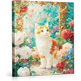 YJIKRTVT Cute Cat Canvas Wall Art, Cat in Flower Garden Oil Painting Style Artwork, Elegant Cats Wall Art for Living Room Bedroom Office Home Decor 8x10 Inches