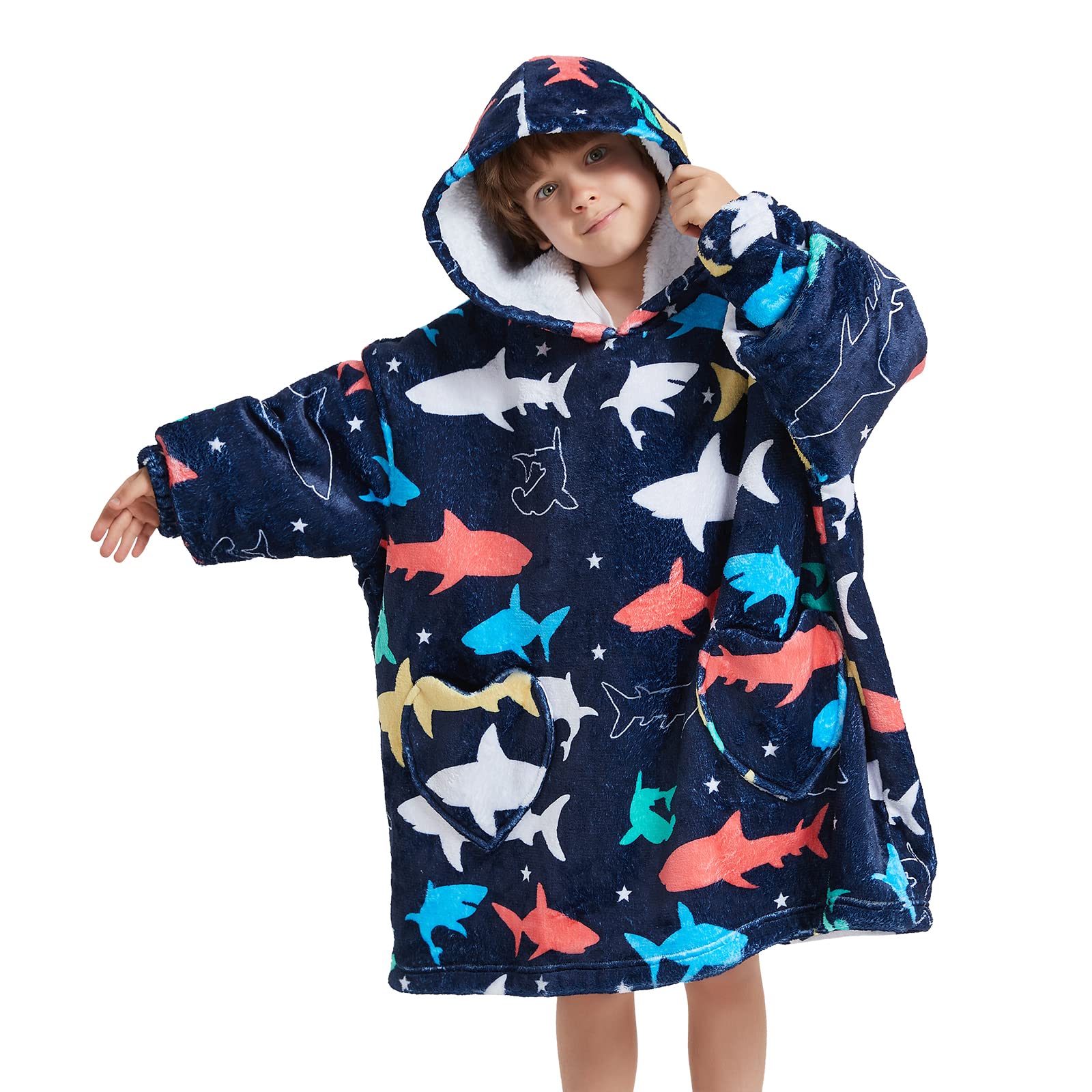 Fiosnow Shark Blanket Hoodies for Kids 6-13YR Oversize Wearable Blanket Hoodies for Boys Girls Teens