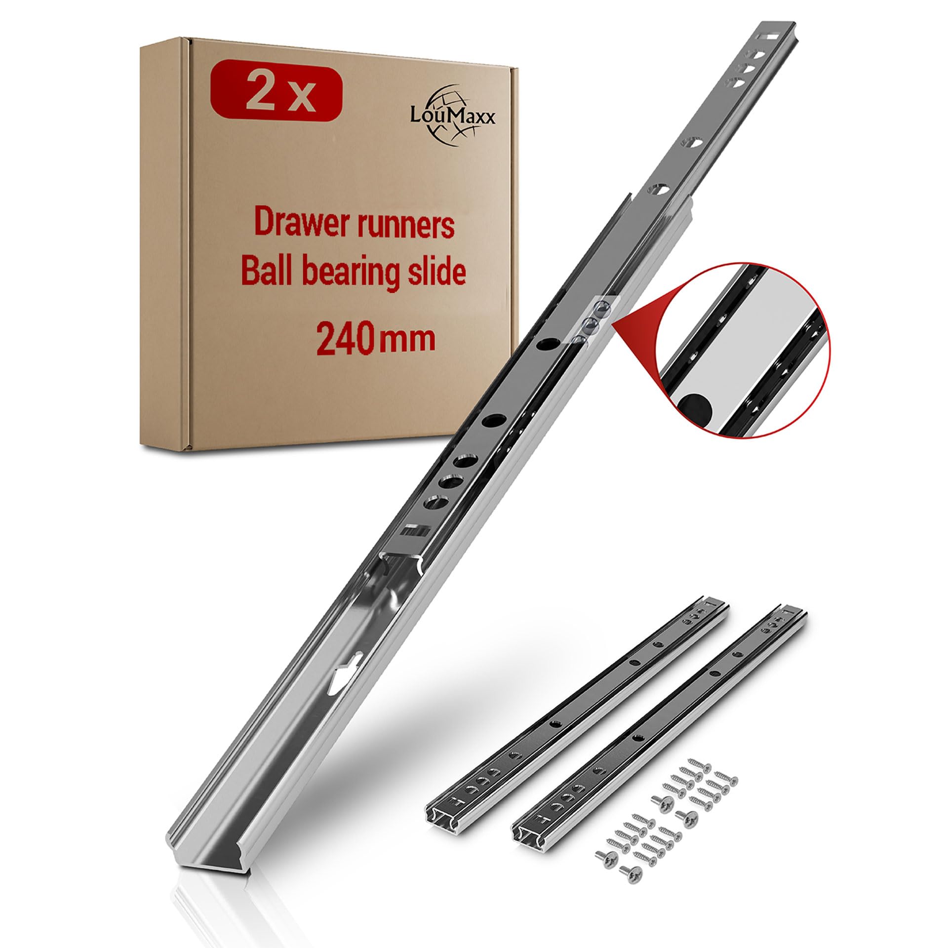 LouMaxx Drawer Runners 17mm Groove [2 Pack] - 246mm Cabinet Drawer Slides - Ball Bearing Drawer Runners - Suitable Replacement IKEA, MFI - Screws Included