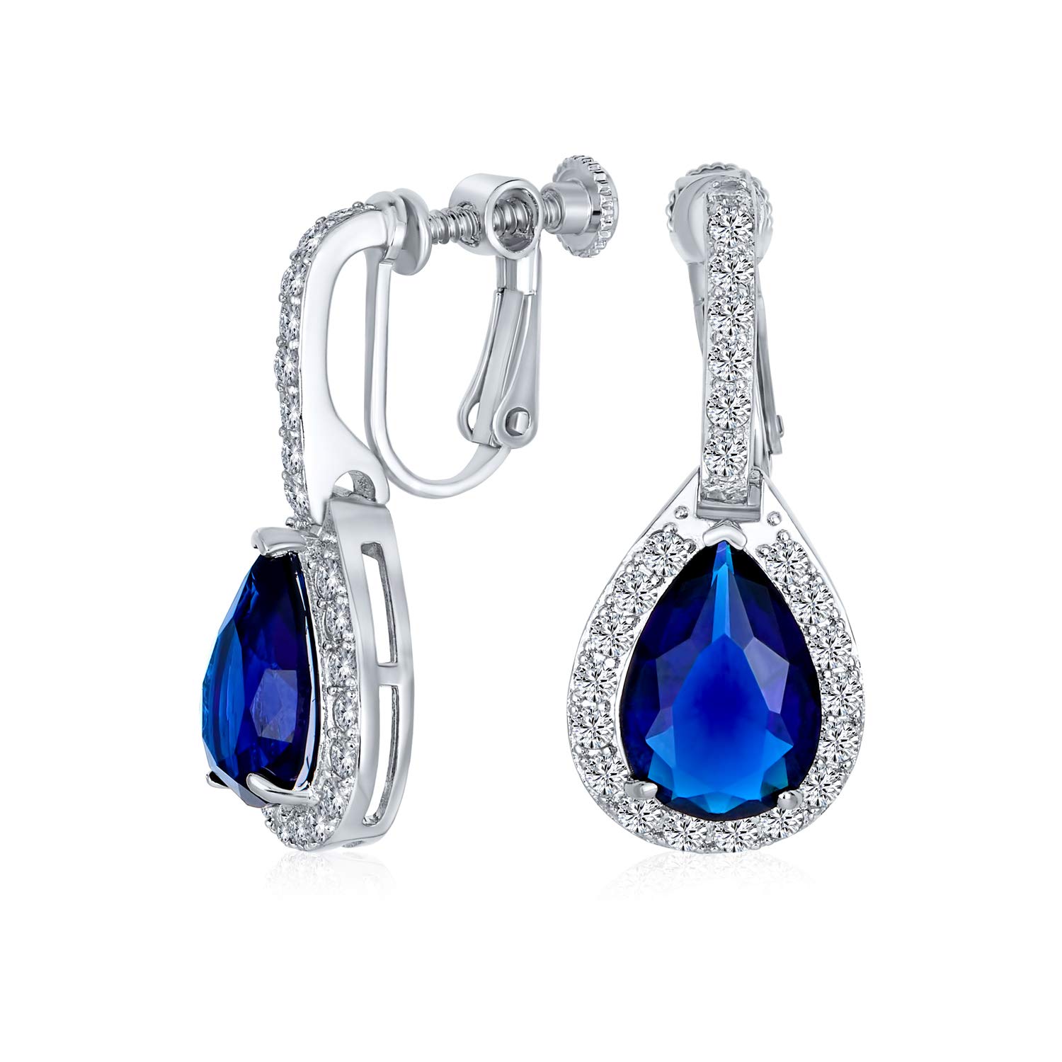 Vintage Style Halo Simulated Blue Sapphire Cubic Zirconia AAA CZ Fashion Dangle Drop Teardrop Screw Back Clip On Earrings For Women Prom Bridesmaid Wedding Silver Plated