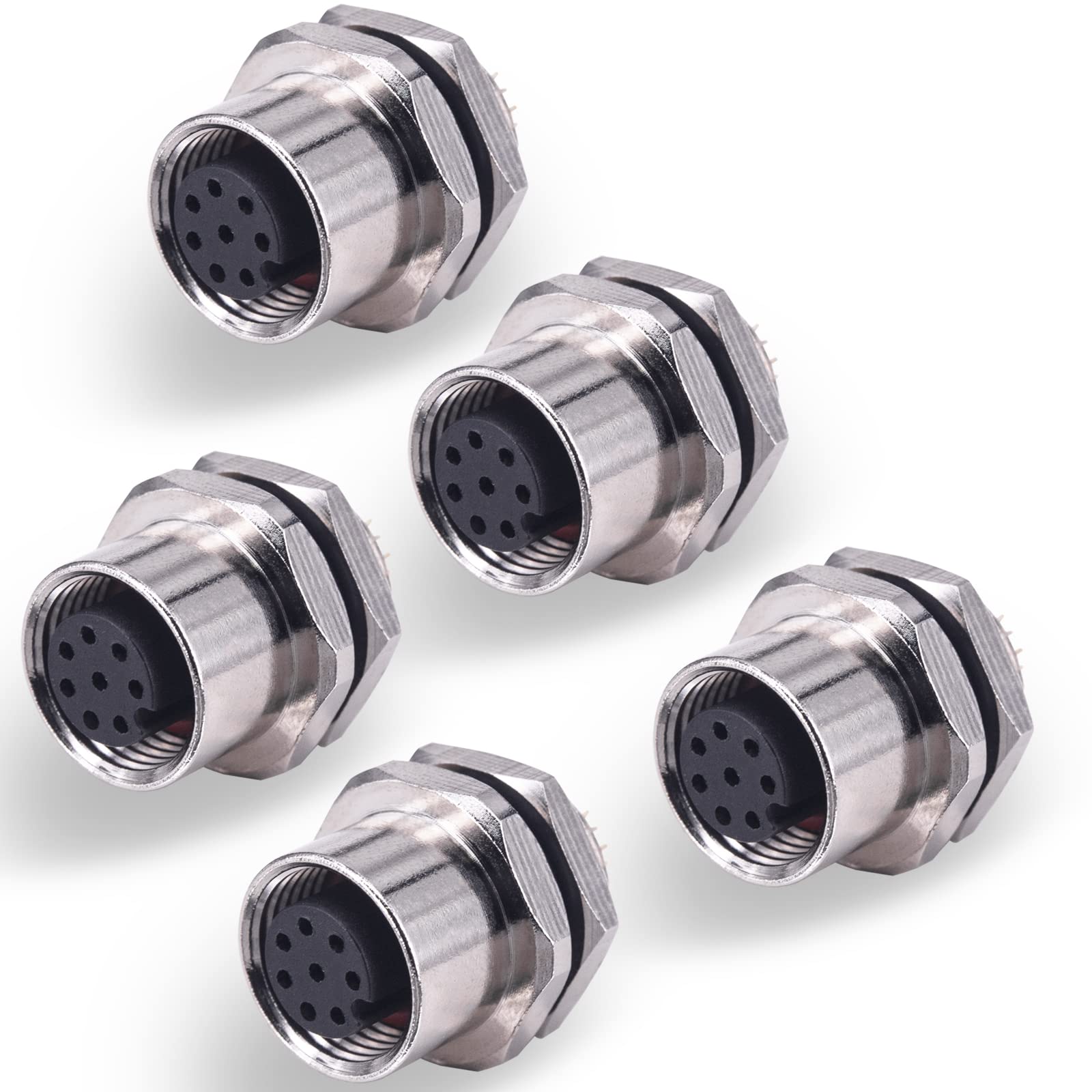Lonlonty M12 8-Pin Female Panel Mount Socket, A-Coded Back Mount Aviation Connector, Solder Cup Termination, IP67 Waterproof (5PCS) — image 1
