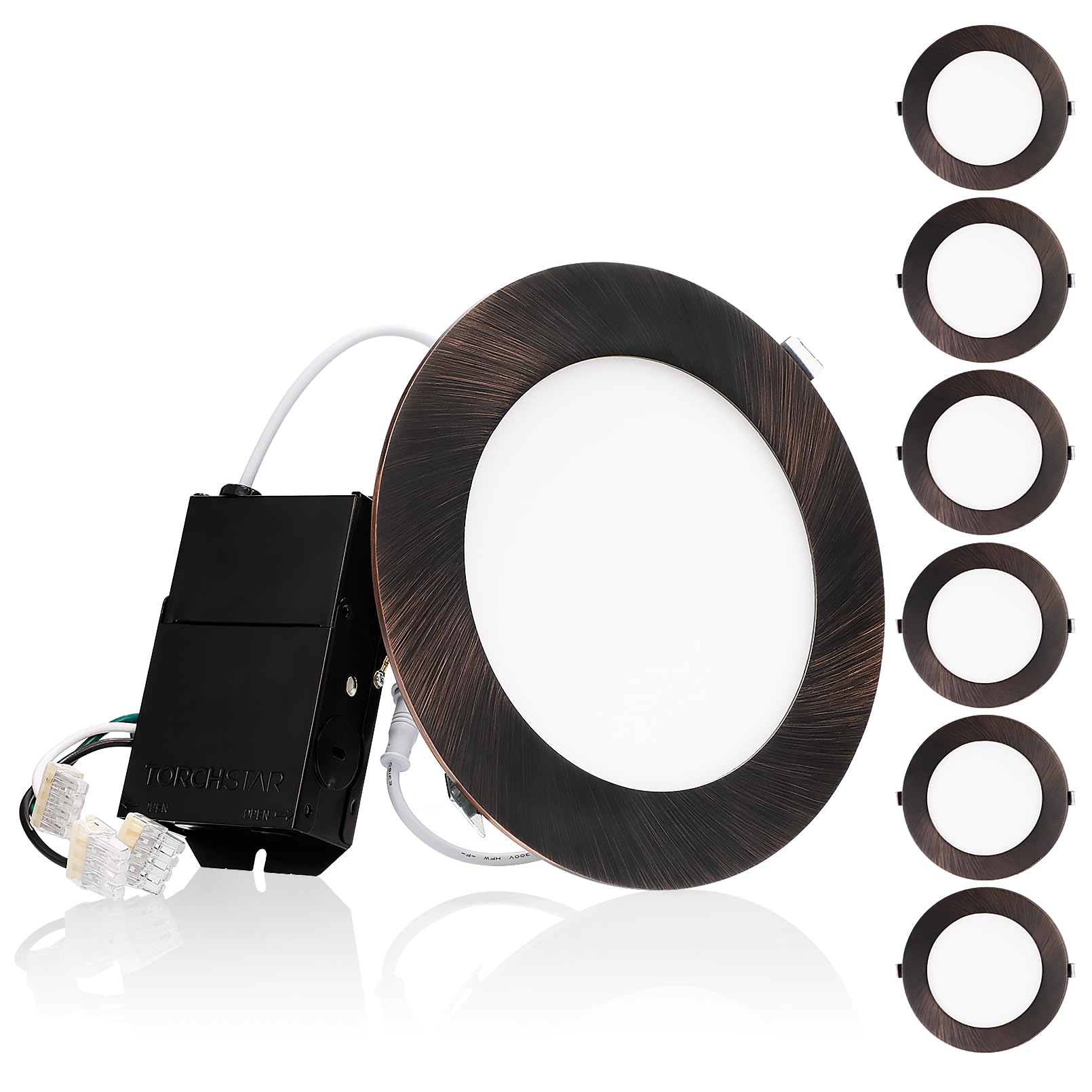 TORCHSTAR E-Lite Series 6 Inch Slim Recessed Lighting with J-Box, 13.5W Ultra-Thin LED Recessed Light, Dimmable Canless Downlight, ETL&ES Listed, CRI90, 4000K Cool White, Oil Rubbed Bronze, Pack of 6 Image