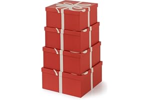 Soul & Lane Christmas Square Decorative Boxes with Lids - Set of 4 - Festive Red, Reusable Large Nesting Holiday Gift Boxes for Presents and Décor