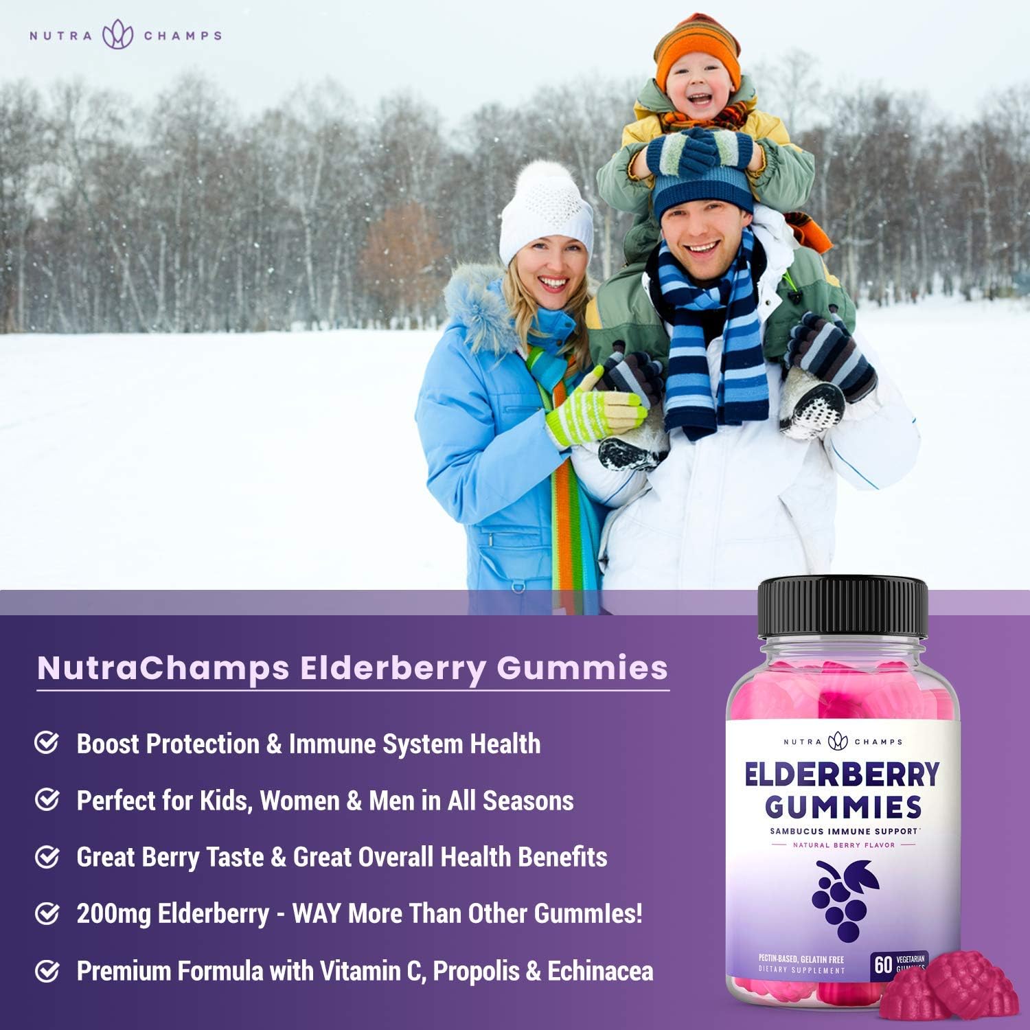 Elderberry Gummies for Kids & Adults [Double-Strength] Immune System Support - Sambucus Nigra Extract Antioxidant Supplement - 60 Vegetarian Gummy Vitamins: Health & Personal Care