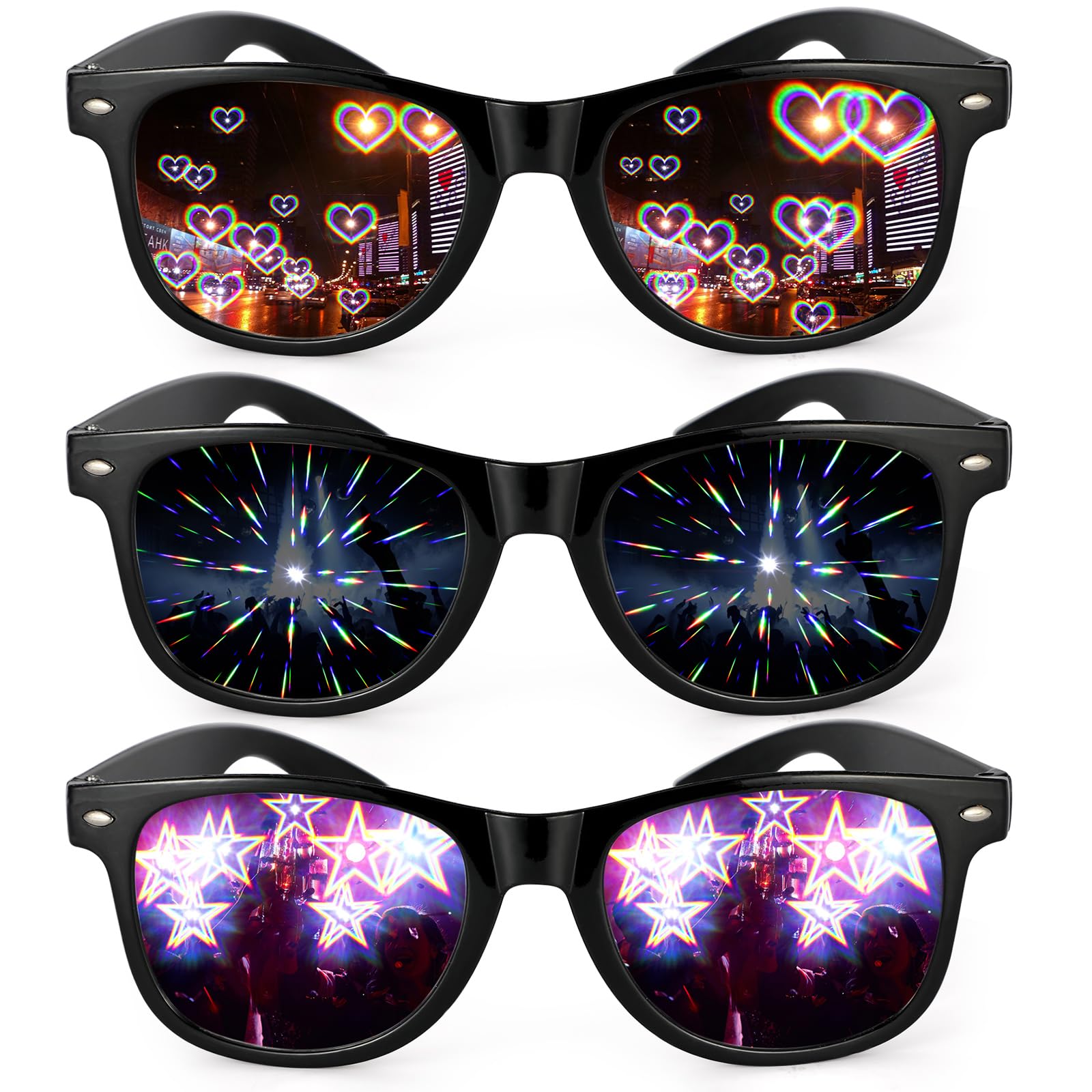 Hifot 3 Pcs Diffraction Glasses - 3D Prism Rainbow Heart Star Effect with Black Frames, Light Refraction Glasses, Rave Sunglasses Women Men for Night Edm Concert Festival Party Club Rave Accessories