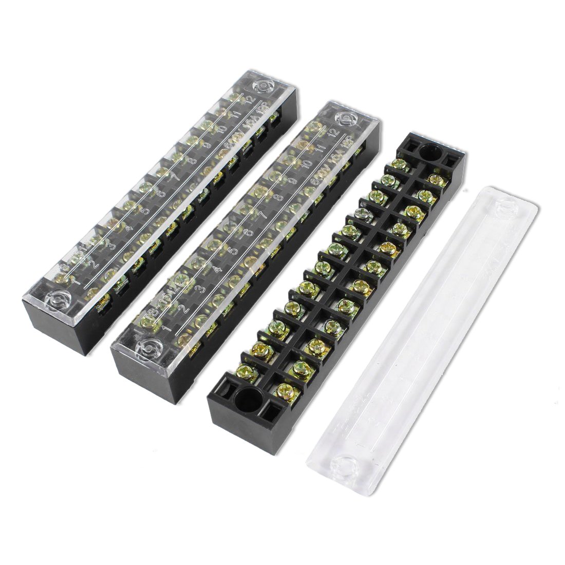 sourcing map 3 Pcs 600V 15A 12 Positions Dual Rows Covered Barrier Screw Terminal Block Strip
