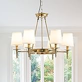 Afirstcght Brass Chandelier 6 Lights with White Fabric Linen Shade 29.52" W Gold Candle Pendant Light Fixture Modern Wagon Wh