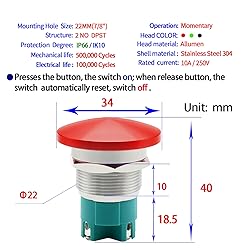 10 Amp Push Button Switch Red 22mm 7/8'' Momentary