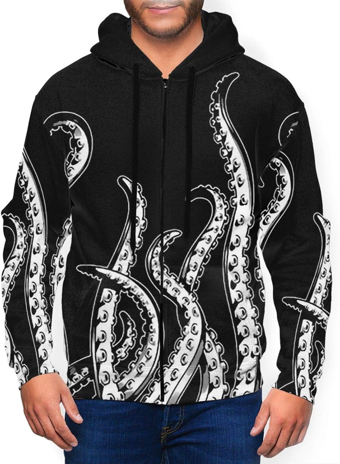 YYNN Men's Black Octopus Colorful Print Zip Hooded Sweatshirt Clothing