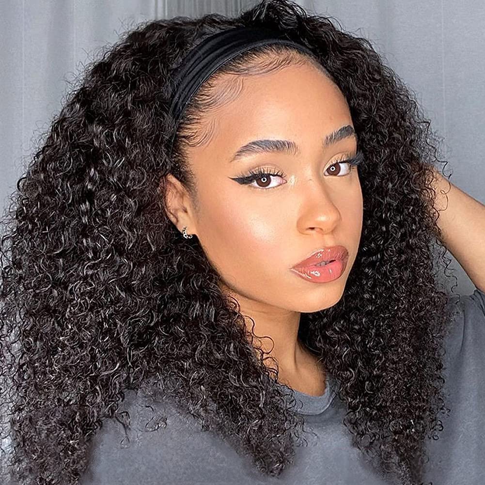 LOVFIR Headband Wigs for Black Women 12 inch Afro Kinky Curly Wig Glueless None Lace Front Machine Made Human Hair Wigs Soft and Thick 180% Density Natural Black Color