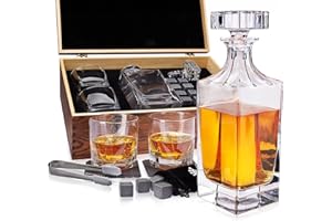 Whiskey Decanter Gift Set by Royal Reserve – Artisan Crafted Liquor Bourbon Decanter with Glasses, Chilling Stones, Coasters and Tong for Men, Husband, Dad, Friend