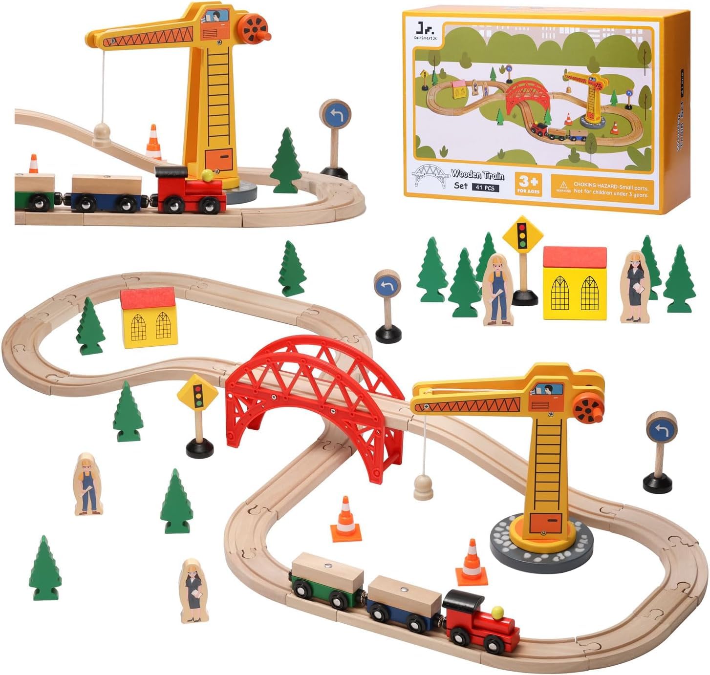 Photo 1 of SainSmart Jr. Wooden Train Set for Toddler, 41pcs Wood Train Track w/Crane Fits Brio, Thomas, Melissa and Doug, Kids Wood Toy Train for Kids Ages 3+