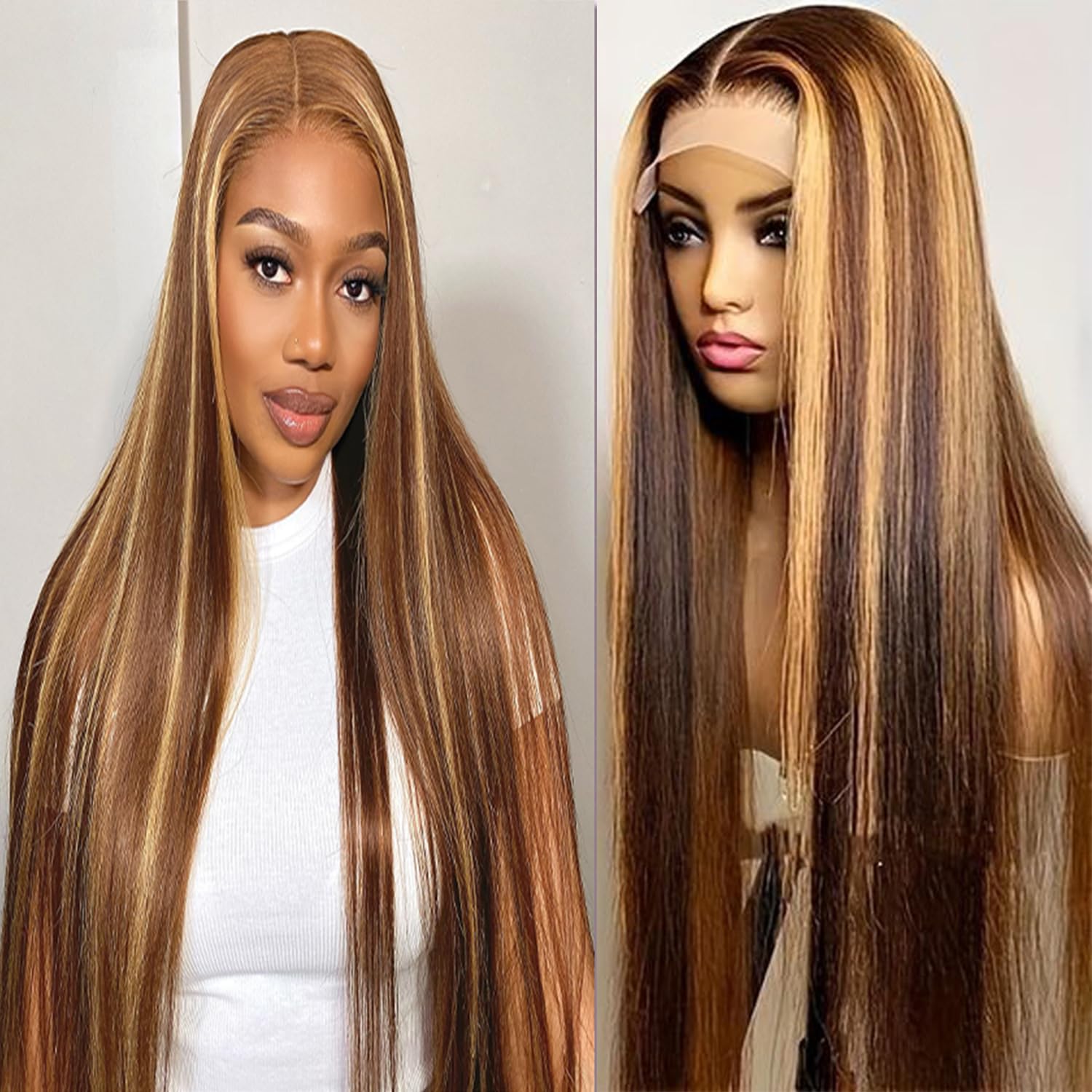 Glueless Wig Human Hair13x4 Human Hair Wig Balayage Chocolate Brown Highlighted Caramel Blonde Lace Front Wig Human Hair Pre Plucked Colored Lace Front Wigs for Black Women 22Inch(22 Inch #P4/27) — image 1