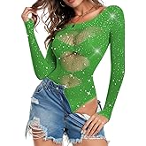 ChiaoLezhee Sparkly Rhinestone Bodysuit, Sexy Rave Outfits, Size Fit 0-16