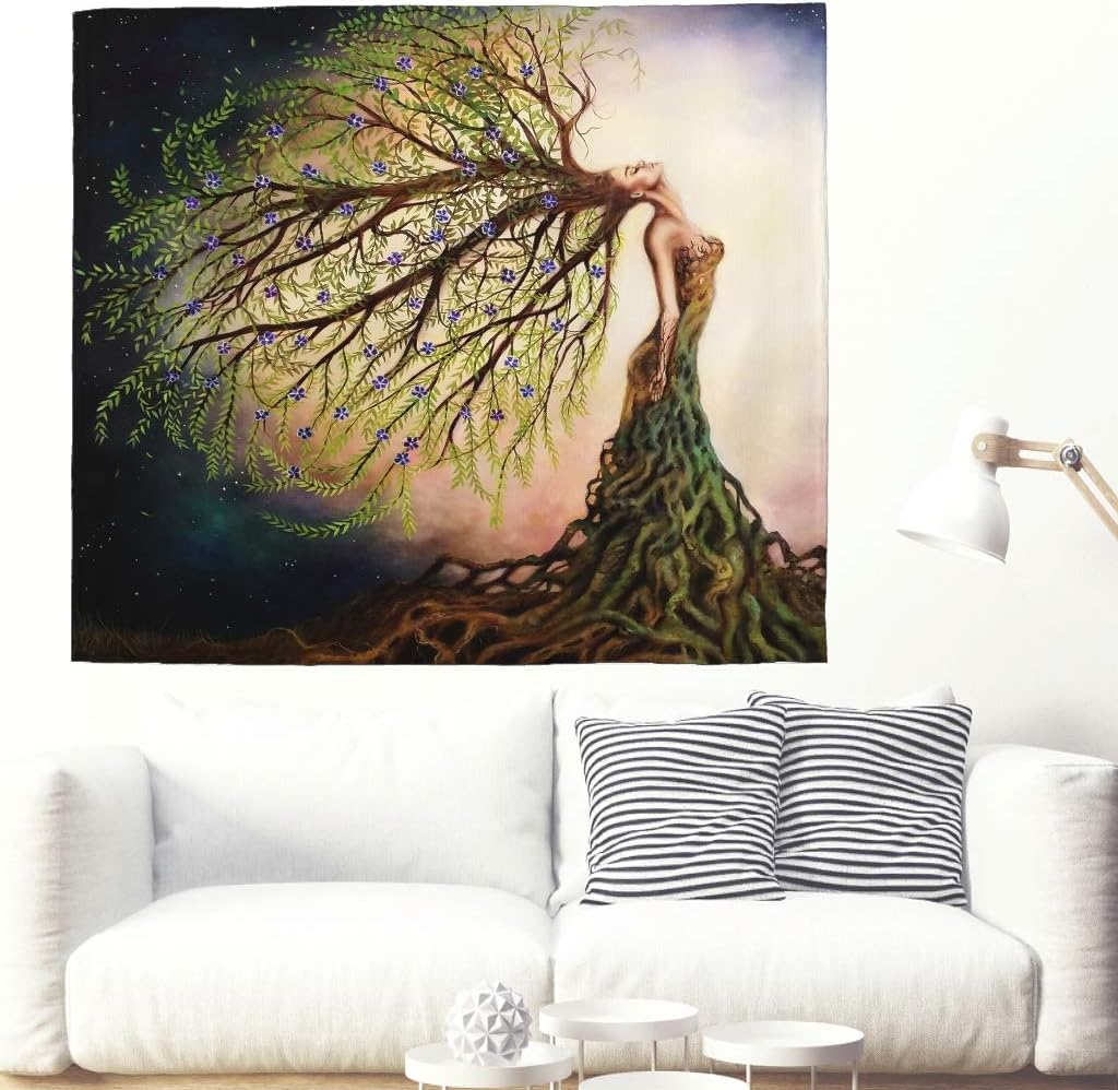 POCOVER Creative Tree of Life Girl with Purple Flowers Artwork Wall Tapestry Watercolor Green Earth Girl Surrealism Art Fantasy Wall Hanging Tapestry Nature Kids Dorm Wall Blanket White 230x150cm